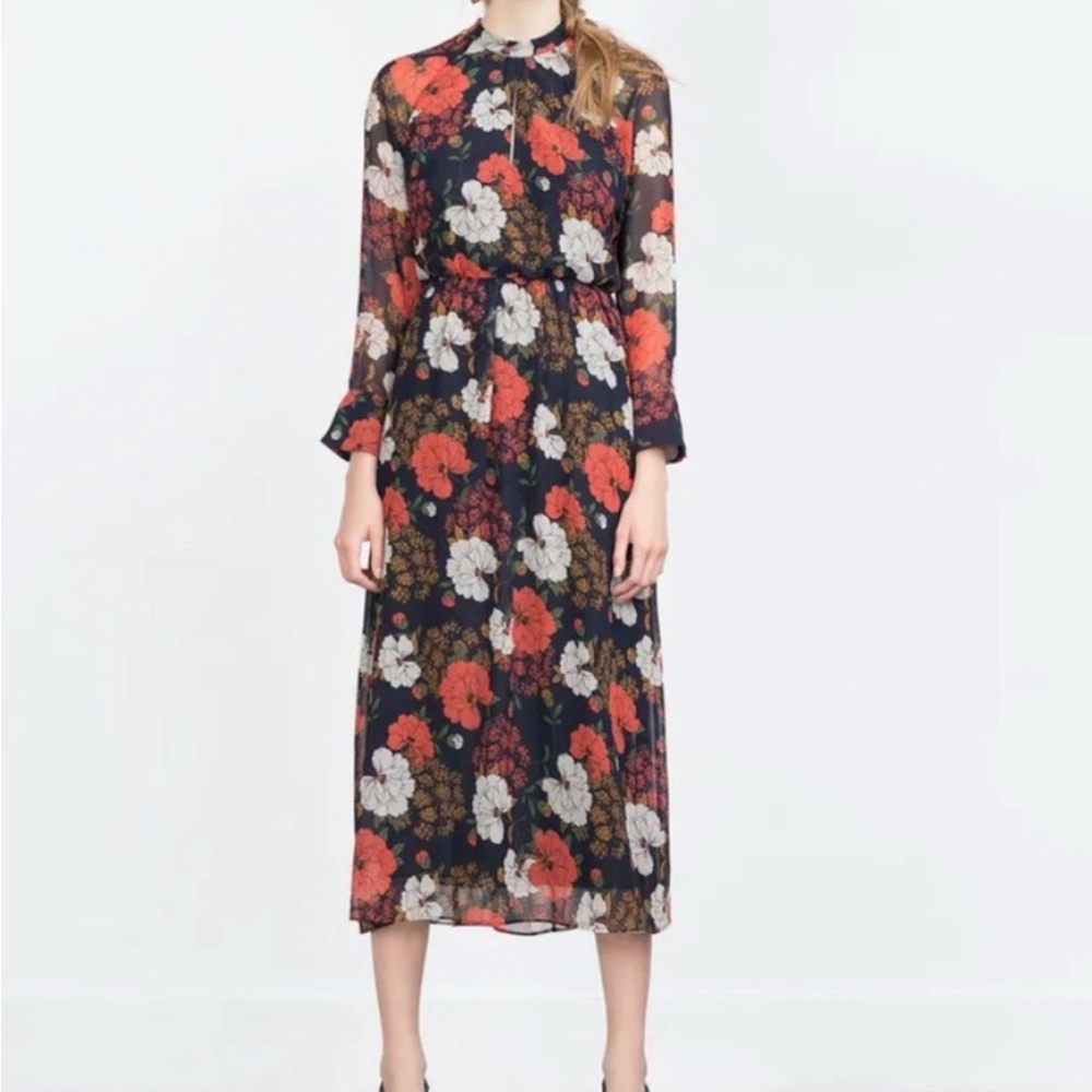 Zara Autumn Peony Blue Floral Chiffon Long Midi Dress Flowy Boho Size XS